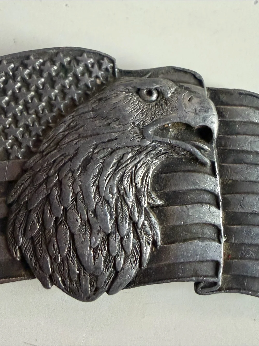 Vintage 1990 Siskiyou W89 Bald Eagle American Flag Pewter Belt Buckle USA